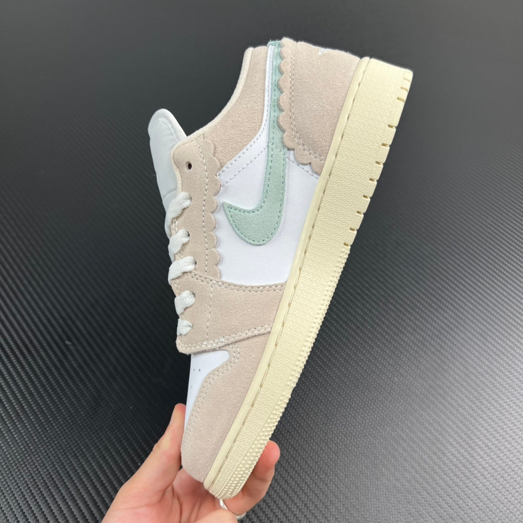 Air Jordan 1 Low heel-side view, tan overlays and mint stripe on midsole.