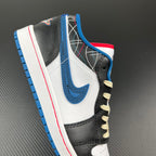 Low-top sneaker side profile in white, black, and blue with cream laces and red trim