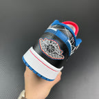 Low-top sneaker heel with embroidered Air Jordan logo patch in black and blue
