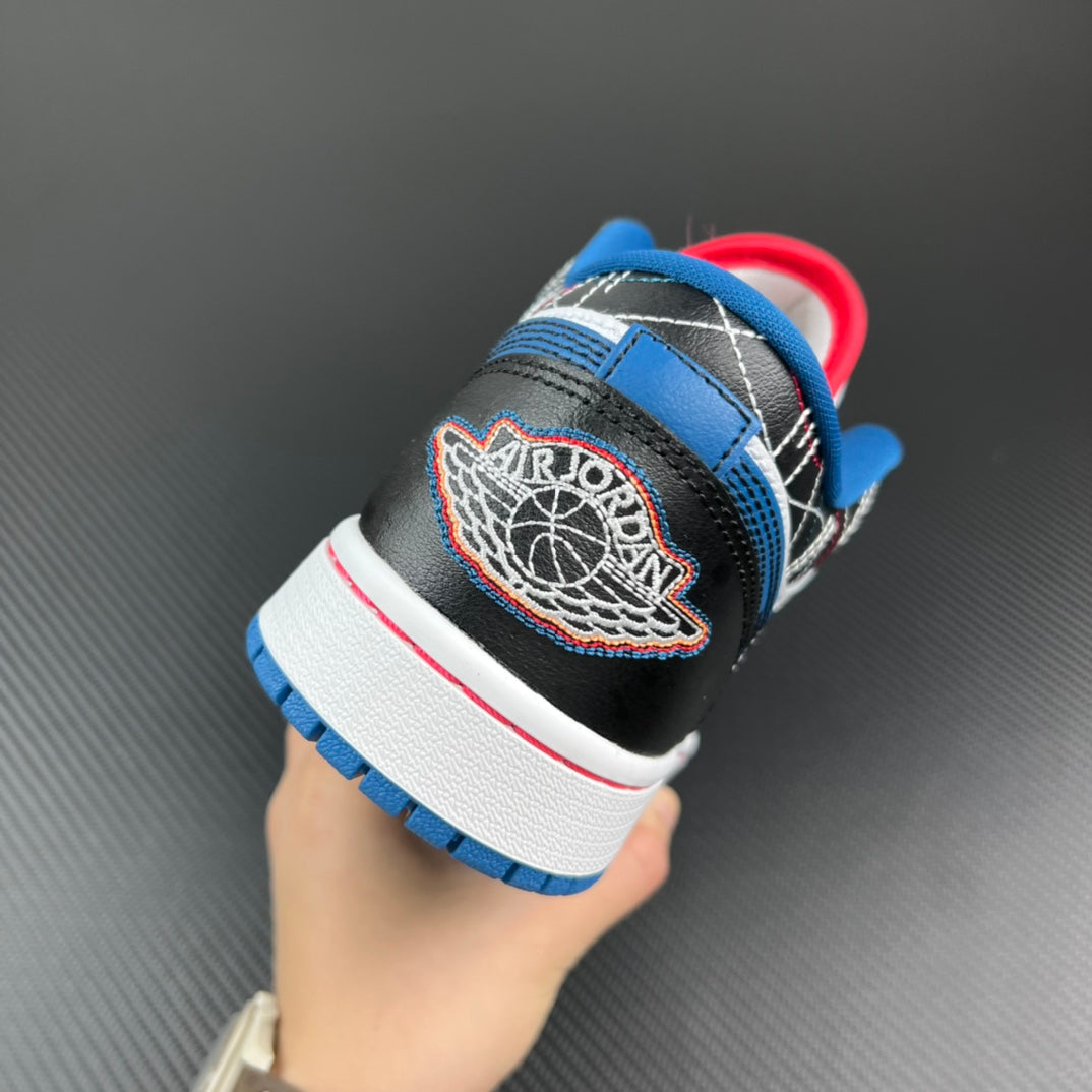 Low-top sneaker heel with embroidered Air Jordan logo patch in black and blue