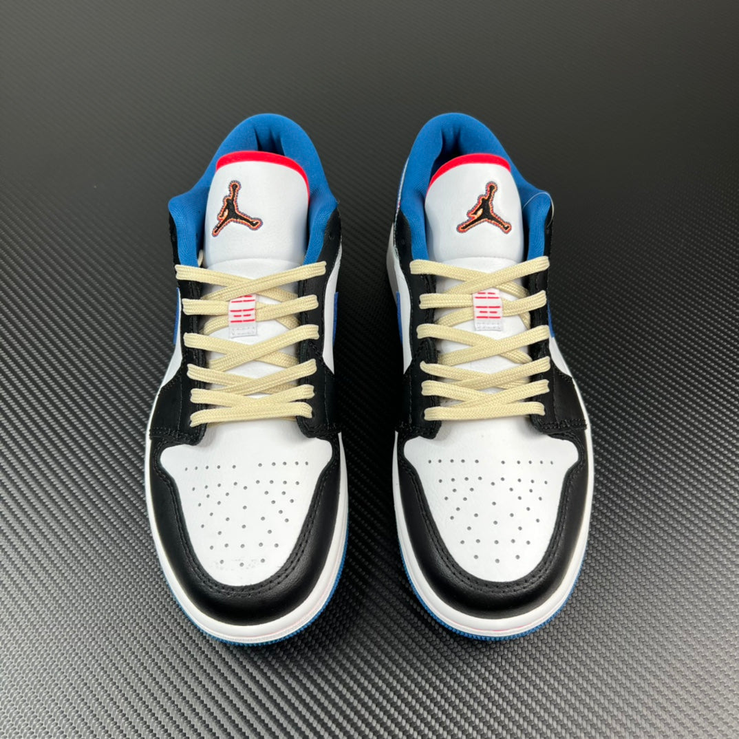 Pair of low-top sneakers with white toe boxes, black overlays, blue collars, cream laces