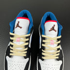 Low-top sneaker tongue and heel with Air Jordan logo in brown on white with blue collar