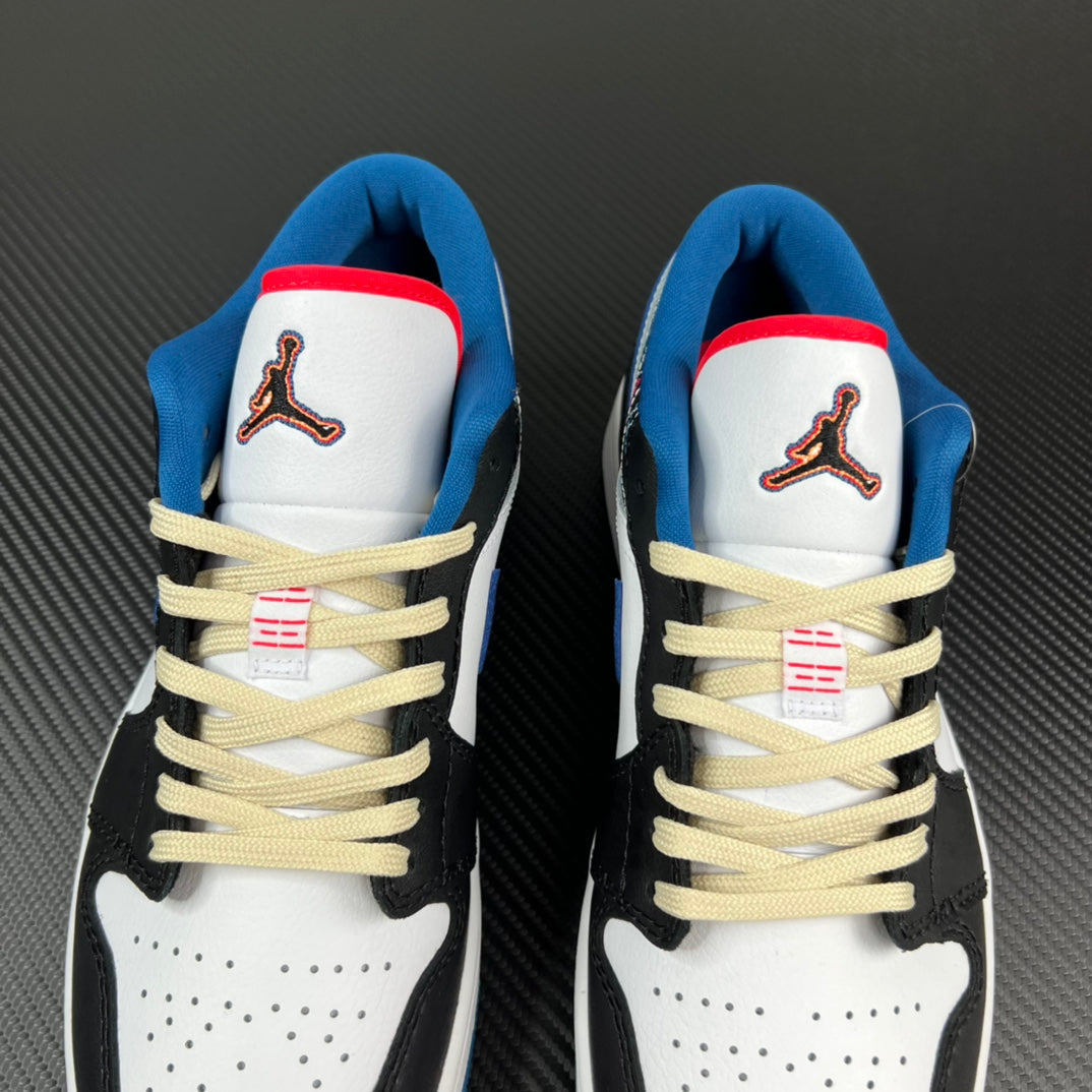 Low-top sneaker tongue and heel with Air Jordan logo in brown on white with blue collar