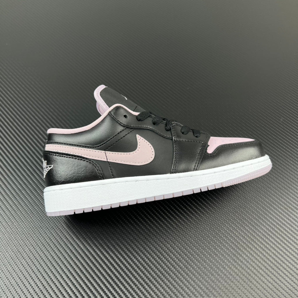 Air Jordan 1 Low sneakers, black leather with pink swoosh and white midsole