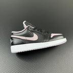 Air Jordan 1 Low sneakers, black leather with pink swoosh and white midsole