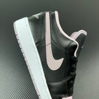 Air Jordan 1 Low sneakers, black leather with white swoosh and pink collar lining