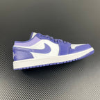White and purple Air Jordan 1 Low sneakers, low-top lace-up with Nike-style swoosh