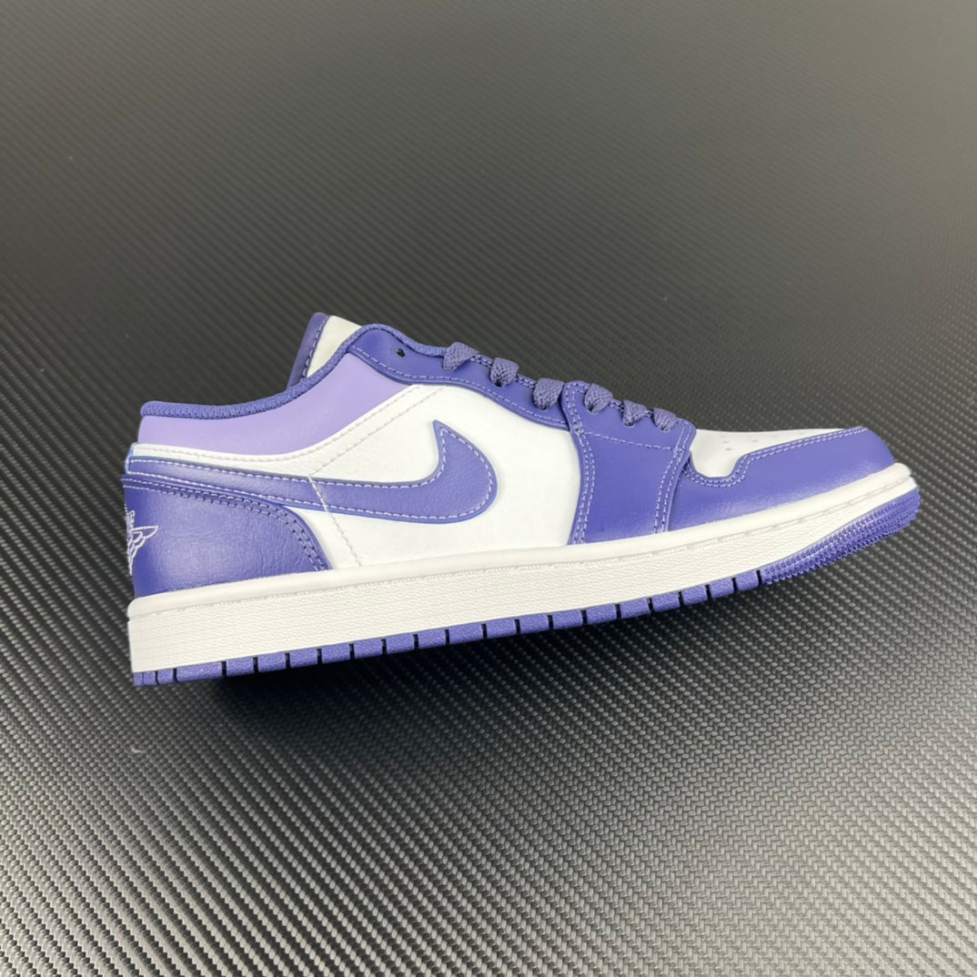 White and purple Air Jordan 1 Low sneakers, low-top lace-up with Nike-style swoosh