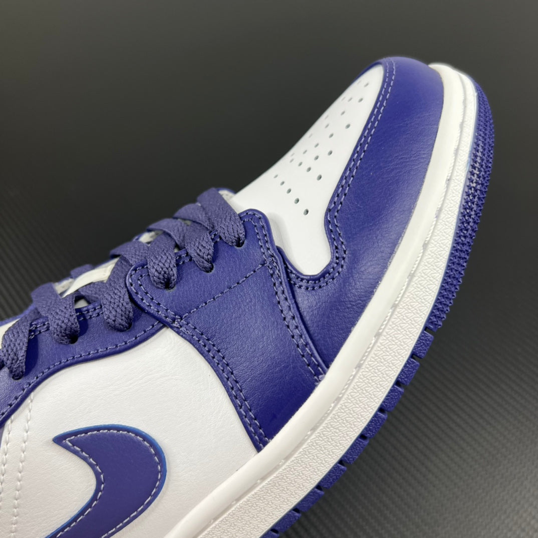 Purple and white Air Jordan 1 Low sneakers side view, lace-up with stitched swoosh