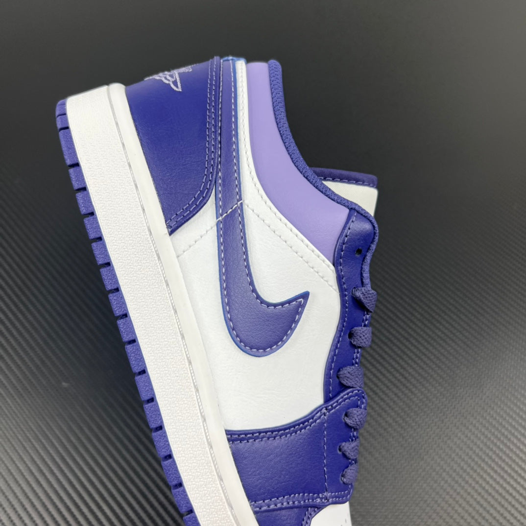 Purple and white Air Jordan 1 Low sneakers heel and side panel detail with lace loops