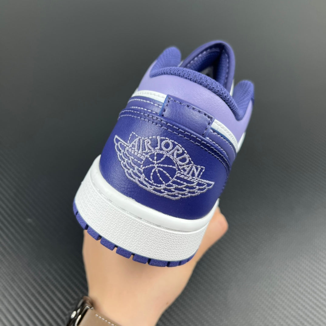 Purple and white Air Jordan 1 Low sneakers back view with embroidered winged emblem