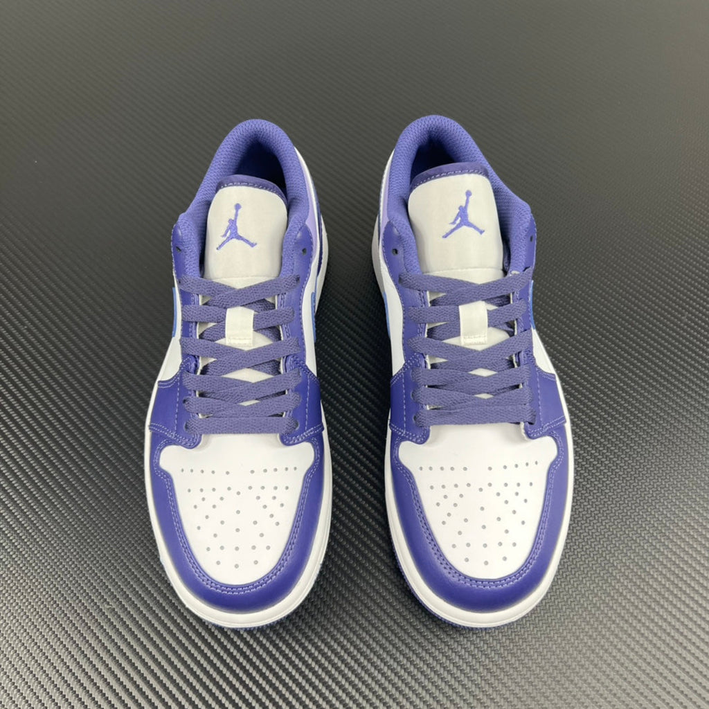 Pair of purple and white Air Jordan 1 Low sneakers, lace-up with Air Jordan logo