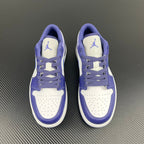 Pair of purple and white Air Jordan 1 Low sneakers, lace-up with Air Jordan logo