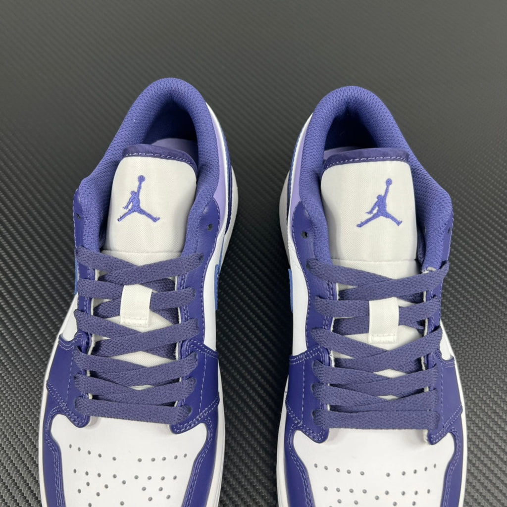 Purple and white Air Jordan 1 Low sneakers, tongue and lace area with Air Jordan logos