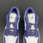 Purple and white Air Jordan 1 Low sneakers, tongue and lace area with Air Jordan logos