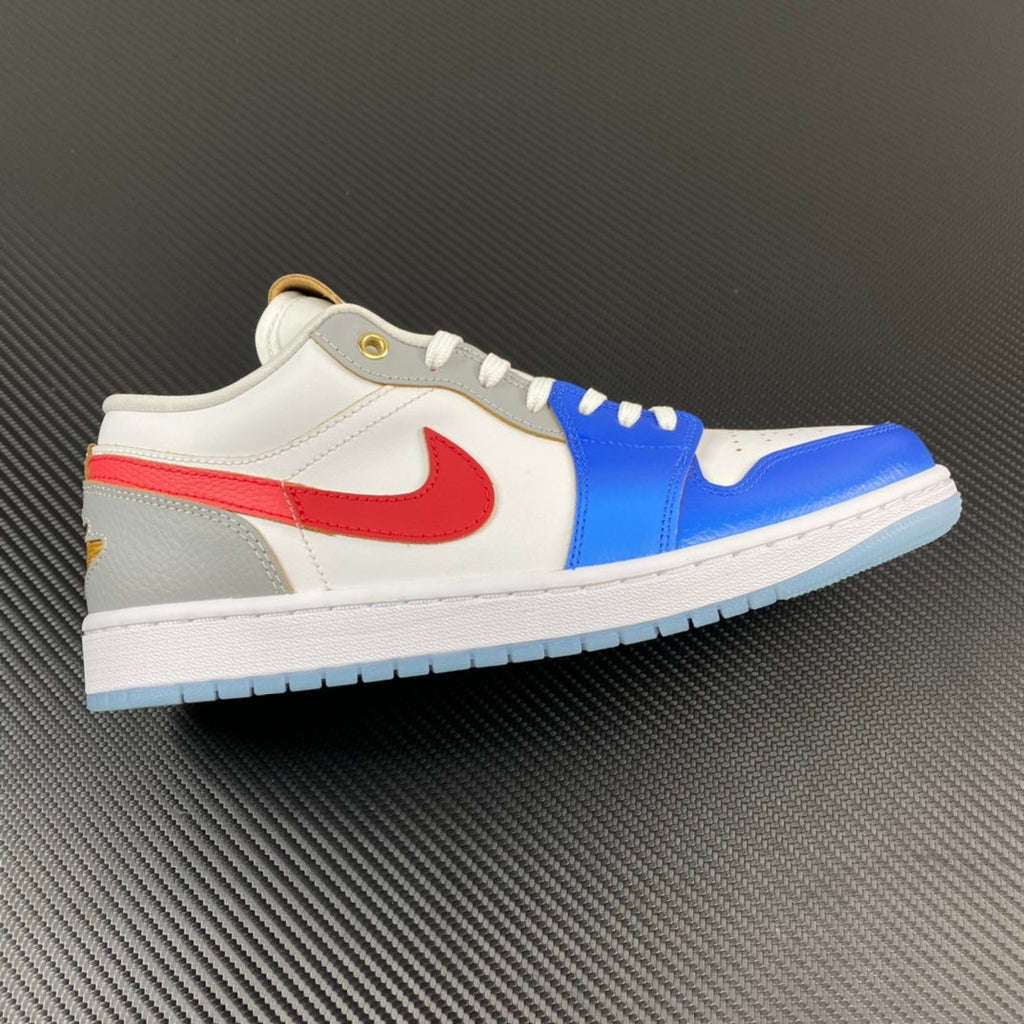 Air Jordan 1 Low sneakers with white leather, blue and red panels, lace-up design