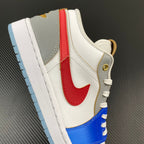 Air Jordan 1 Low sneakers showing side profile with red center panel and blue toe cap