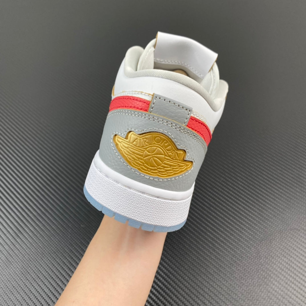 Air Jordan 1 Low heel view with white leather, red stripe and gold logo emblem
