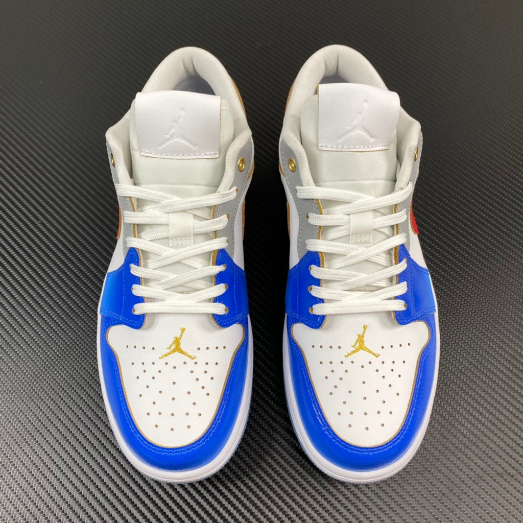 Air Jordan 1 Low pair with white uppers, blue side panels, red accents and white laces