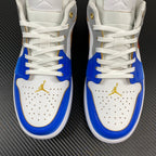 Air Jordan 1 Low sneakers front view with blue toe panels, white laces and gold wing logo