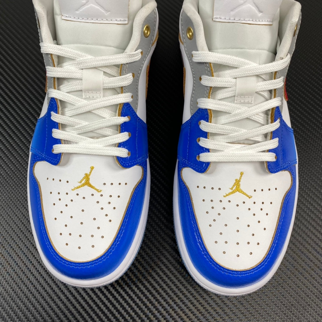 Air Jordan 1 Low sneakers front view with blue toe panels, white laces and gold wing logo