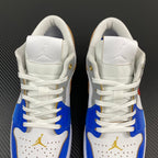 Air Jordan 1 Low sneakers back view with white collars, blue toe panels and gold logo