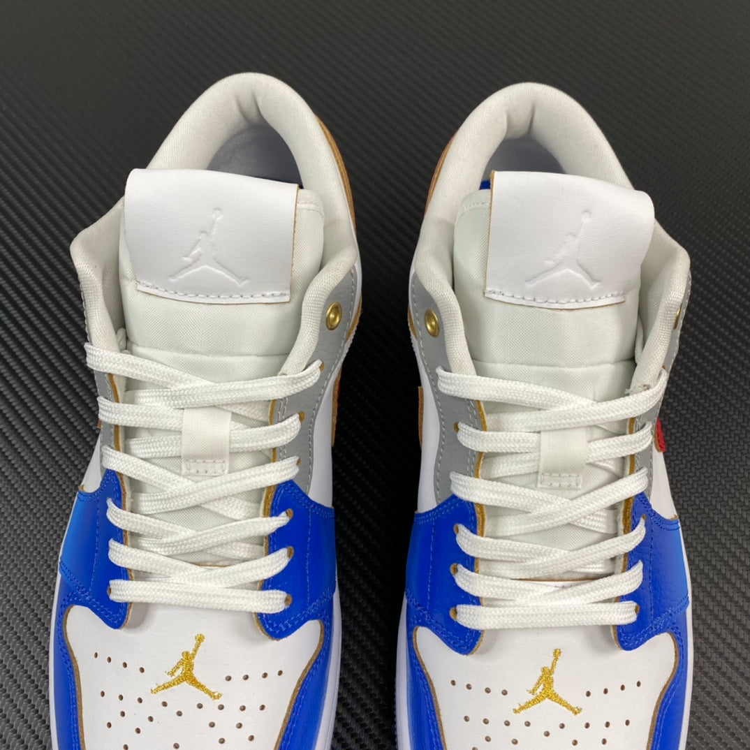 Air Jordan 1 Low sneakers back view with white collars, blue toe panels and gold logo
