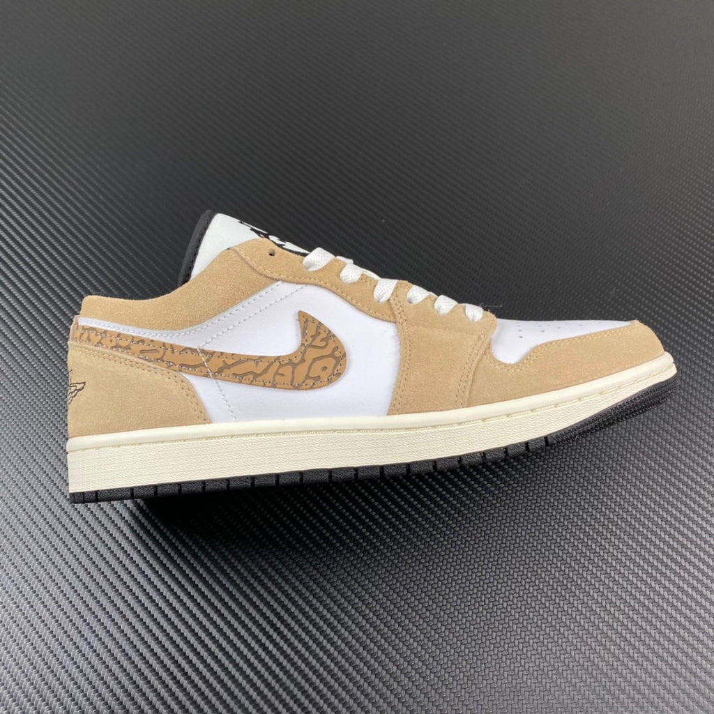 Brown suede and white low-top sneaker with sail sole and elephant-print swoosh