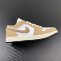 Brown suede and white low-top sneaker with sail sole and elephant-print swoosh