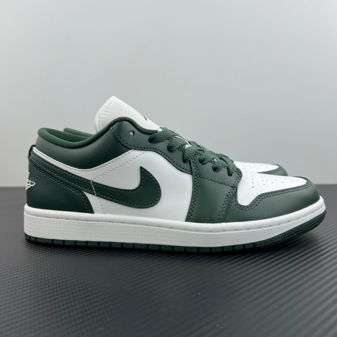 Low-top sneakers with white leather panels and dark green overlays, lace-up design