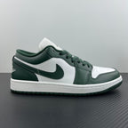 Low-top sneakers, side view, white leather with dark green swoosh and heel panels