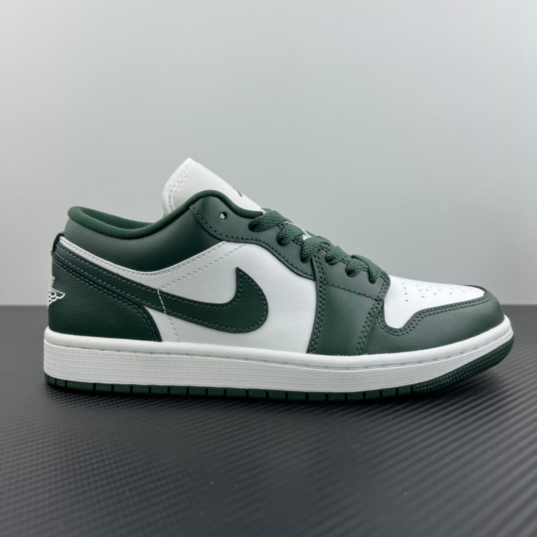 Low-top sneakers, side view, white leather with dark green swoosh and heel panels