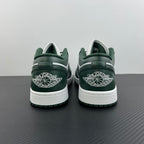 Low-top sneakers back view with dark green heel, white midsole, and Jumpman logo