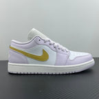 Women’s Air Jordan 1 Low sneakers, light lavender uppers with yellow Nike swoosh and white midsole