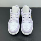 Women’s Air Jordan 1 Low sneakers, back view with light lavender heel tabs and white laces