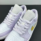 Women’s Air Jordan 1 Low sneakers pair, light lavender uppers with yellow swoosh and white laces