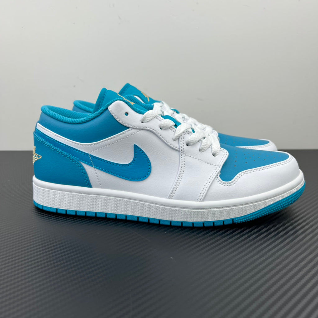 Low-top sneakers in white and aqua blue with Nike swoosh and lace-up design