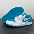Low-top sneakers showing outsole and heel, white leather with aqua blue panels