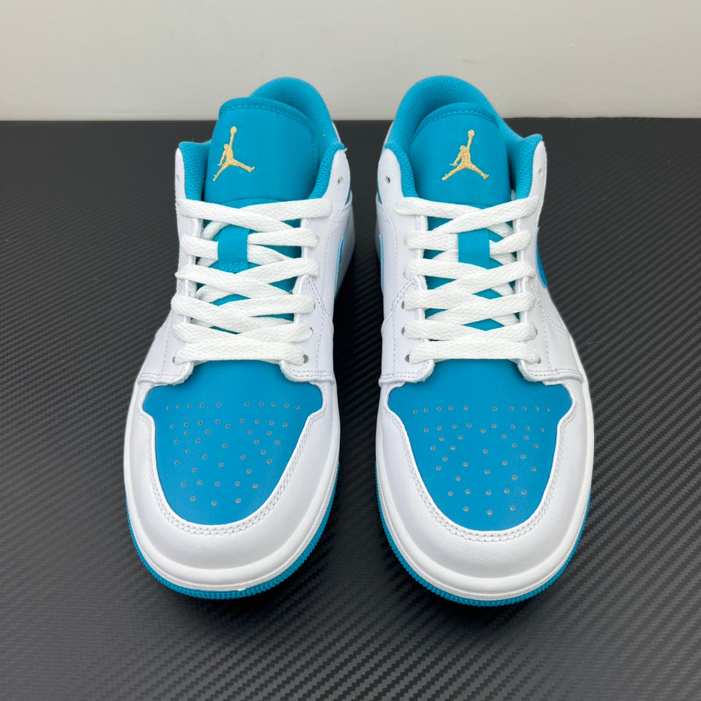 Low-top sneakers with Air Jordan heel branding, white laces and aqua blue panels