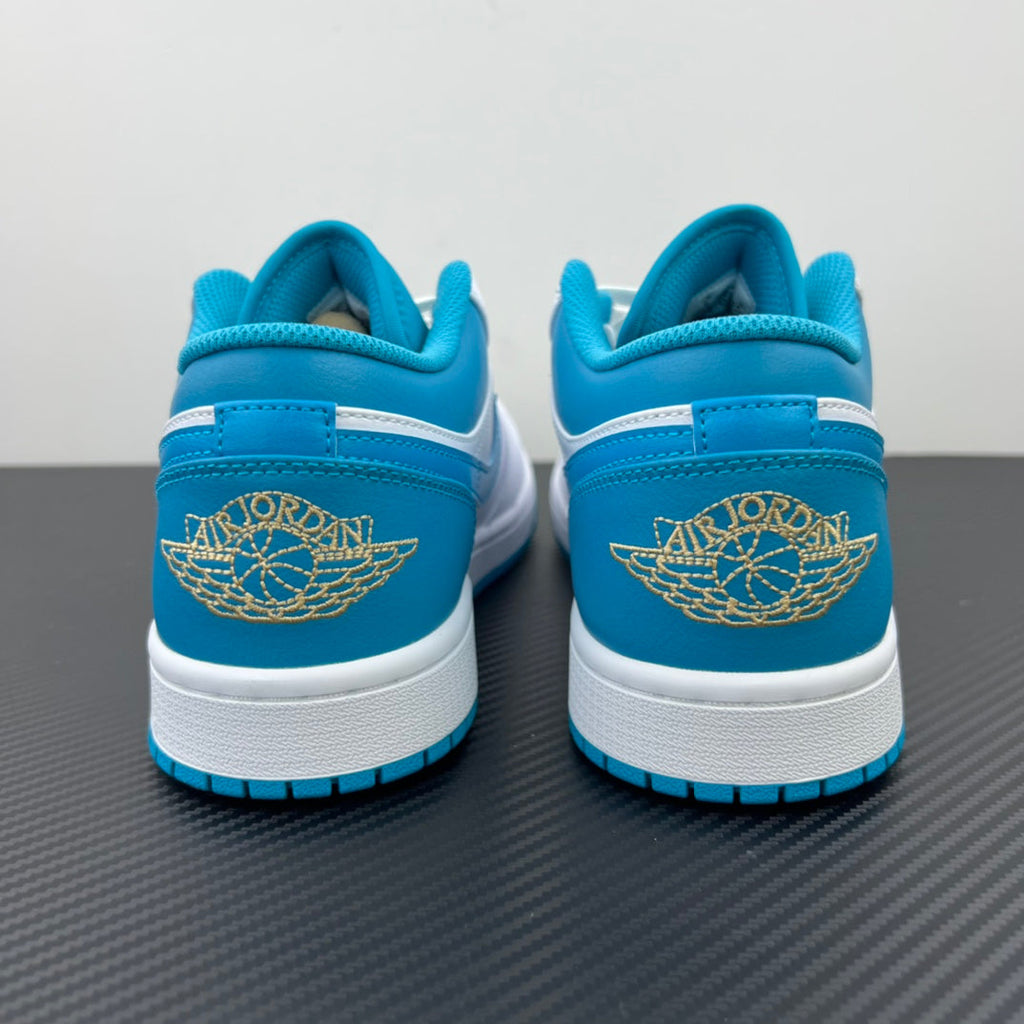 Low-top sneakers heel with gold Air Jordan logo, aqua blue and white upper