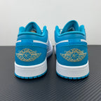 Low-top sneakers heel with gold Air Jordan logo, aqua blue and white upper