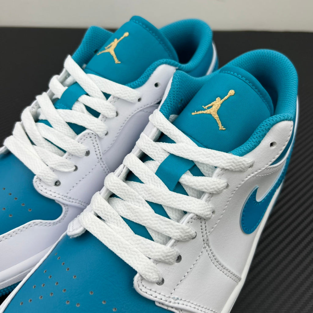 Low-top sneakers in white and aqua blue, with embroidered Air Jordan on tongue