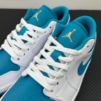 Low-top sneakers in white and aqua blue, with embroidered Air Jordan on tongue