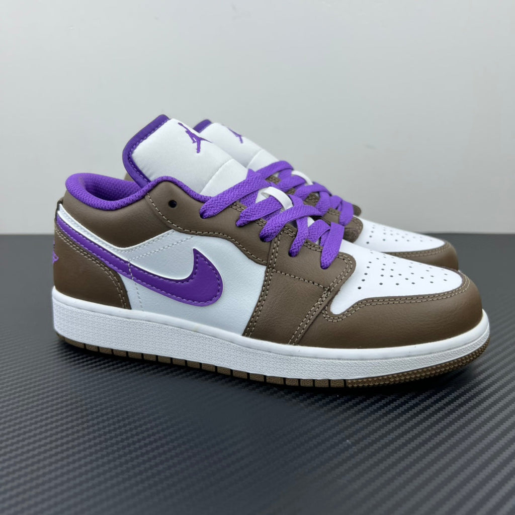Low-top sneakers with white leather panels, brown overlays, and purple laces