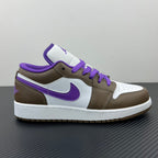 Low-top sneakers with brown and white upper, purple Swoosh, and lace-up closure