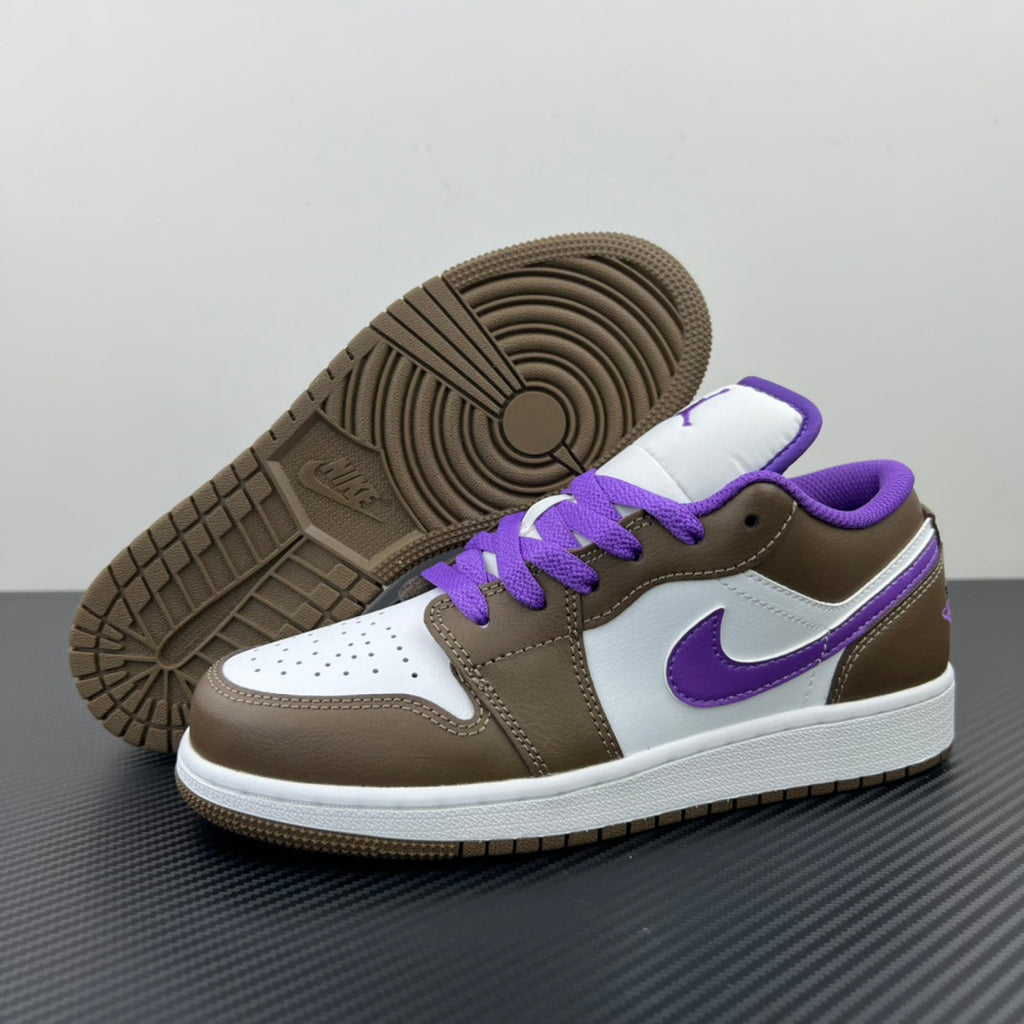 Low-top sneakers with beige rubber outsole and brown-and-purple upper