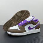 Low-top sneakers with beige rubber outsole and brown-and-purple upper