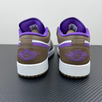 Low-top sneakers with purple collar, brown heel, white midsole, and purple logo