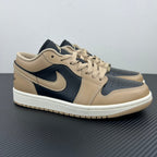 Low-top sneakers in tan and dark navy with Nike swoosh and lace-up.