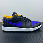Low-top sneaker side view with dark leather, purple Swoosh, yellow collar lining, white sole.